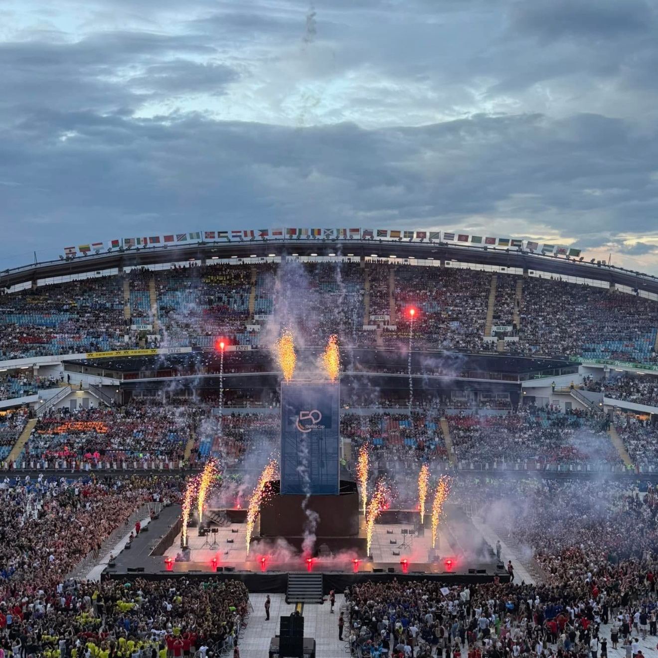 Ullevi Stadium at the Gothia Cup opening ceremony, fireworks over a full crowd